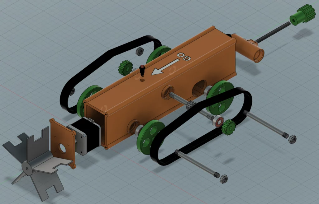 Vue éclatée du robot nettoyeur de gouttières sous Fusion 360