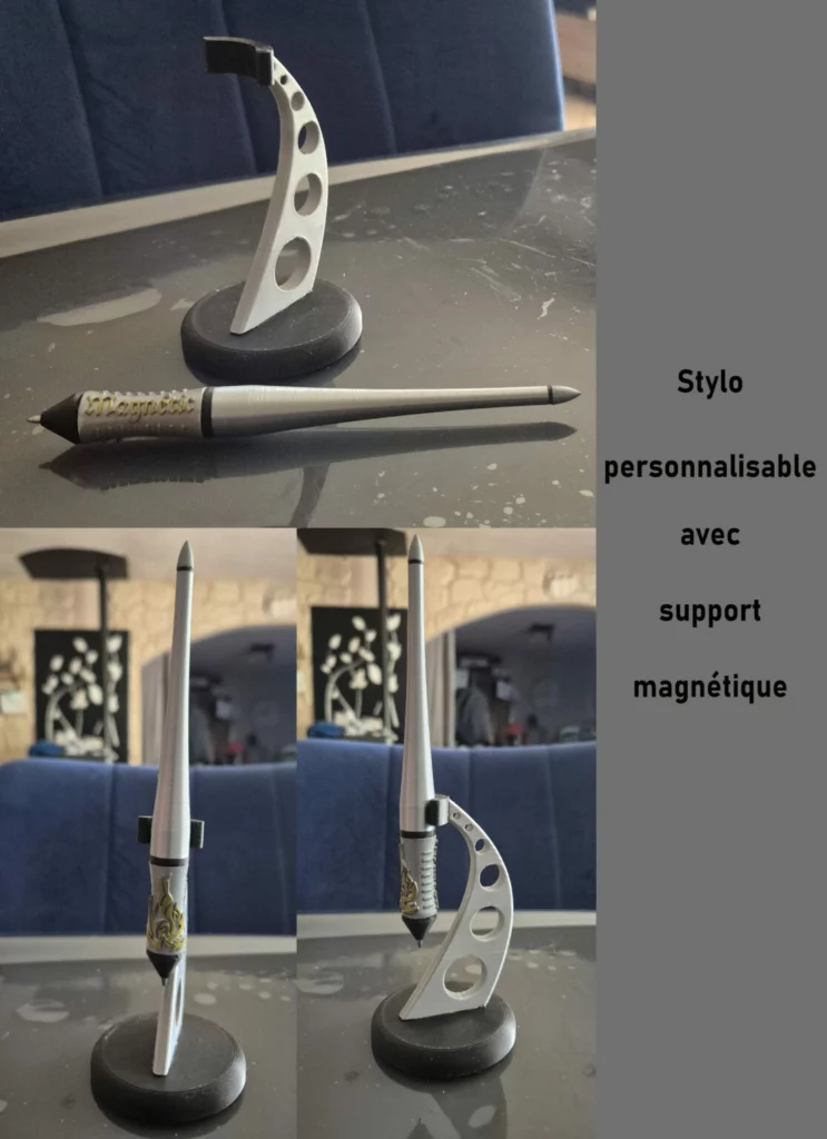 Stylo personnalisable et son support magnétique, conçus et imprimés en 3D